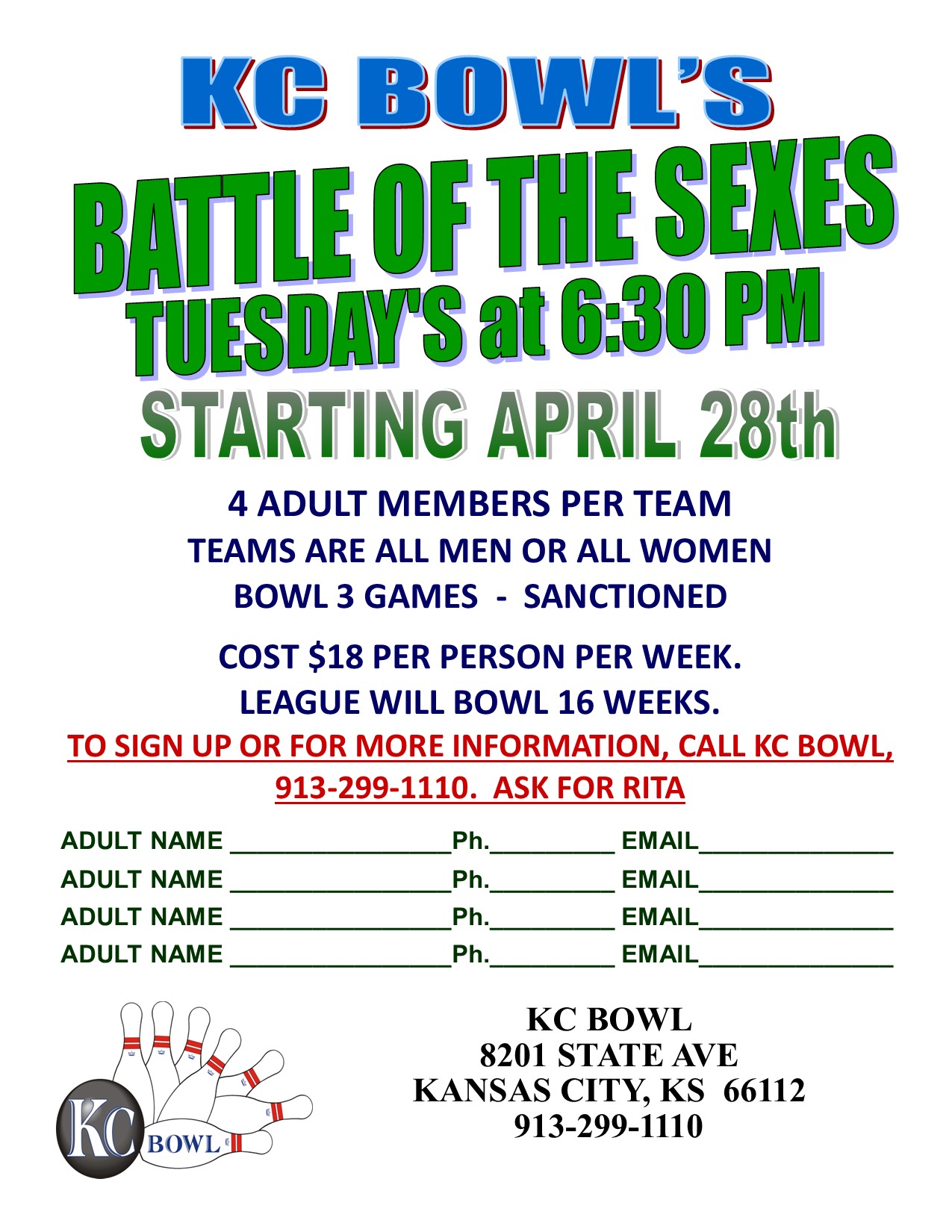 battle of the sexes league: Tuesdays at 6:30PM